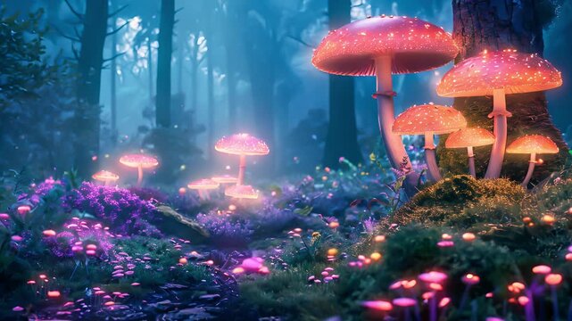 Experience an enchanted woodland, Magical fantasy mushrooms in fairy tale dreamy elf forest, Fairytale concept	