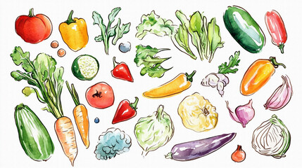 たくさんのおいしそうな野菜（かぼちゃ、トマト、なす、きゅうり、キャベツなど）の手描きで温かみのある水彩画風イラスト