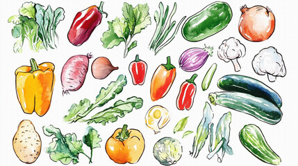 たくさんのおいしそうな野菜（かぼちゃ、トマト、なす、きゅうり、キャベツなど）の手描きで温かみのある水彩画風イラスト
