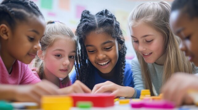 A group of elementary students participating in a hands-on math lesson, using manipulatives and interactive tools to solve problems, a teacher providing guidance and encouragement, the room filled