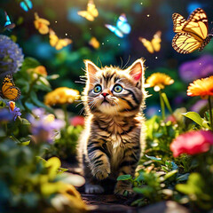 A high angle shot of a playful tabby kitten exploring a garden filled with butterflies and blooming flowers