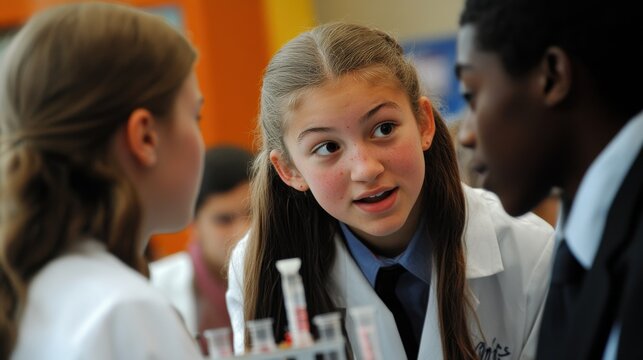 High school students engaged in a science fair, presenting their projects and experiments, a mix of excitement and nervousness, judges and peers evaluating and asking questions, fostering innovation