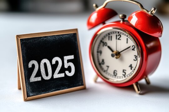 Red alarm clock is showing almost twelve and chalkboard is showing the year 2025