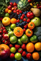 vibrant arrangement fresh fruits vegetables displayed rustic stone backdrop showcasing lively colors natural textures, colorful, produce, organic, healthy