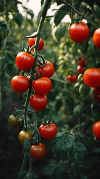 vertical video of Close-up of cherry tomatoes in a greenhouse,social media story background set.Fresh red ripe tomatoes on the branch
