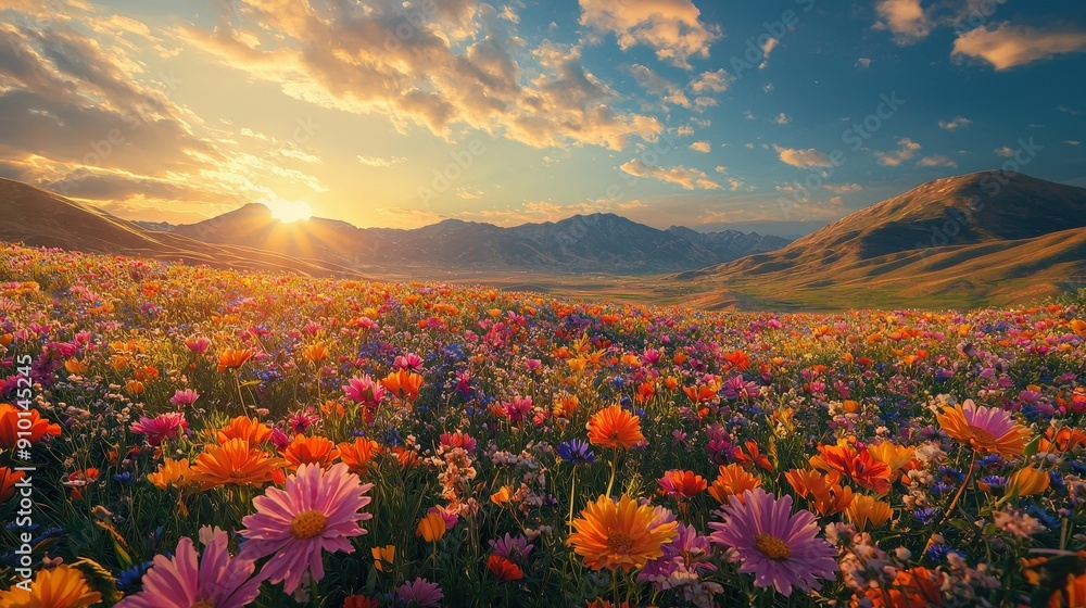 Poster A stunning wildflower meadow filled with colorful blooms under a vibrant sunset, surrounded by majestic mountains in the distance