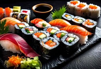 delicious tasty sushi rolls arranged aesthetically stylish black slate serving board, food, cuisine, dish, presentation, gourmet, seafood, rice, ingredients