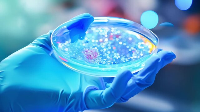 Gloved hand holding petri dish with bacteria culture, Scientist holding a Petri dish with bacterial clones	