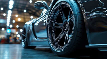 A sleek black car showcases its stunning wheel design at an auto exhibition, illuminated by bright indoor lights.