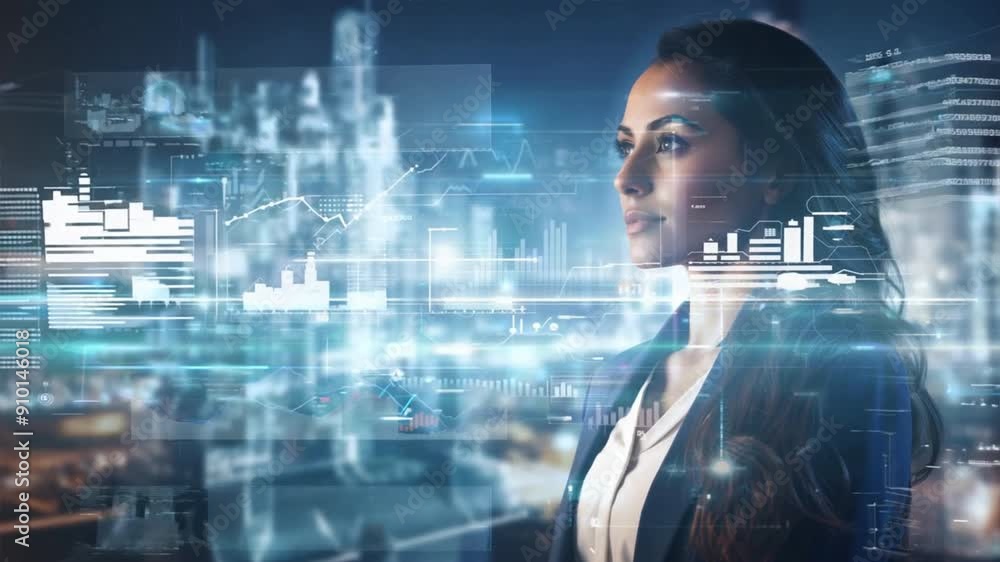 Poster a professional woman using a virtual touchscreen interface for business research and data analysis