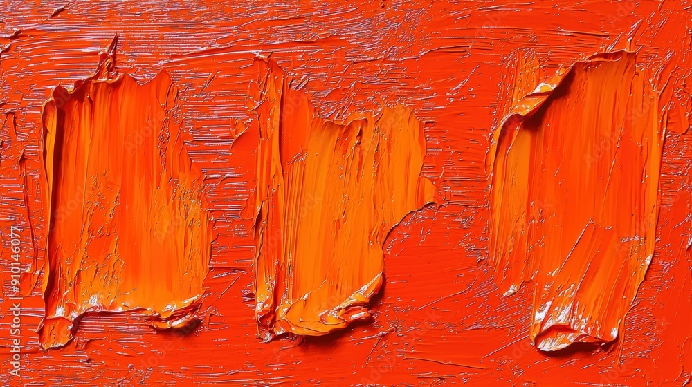 Aufkleber an abstract artwork features bold orange hues with varied textures and layers, displayed in a contem