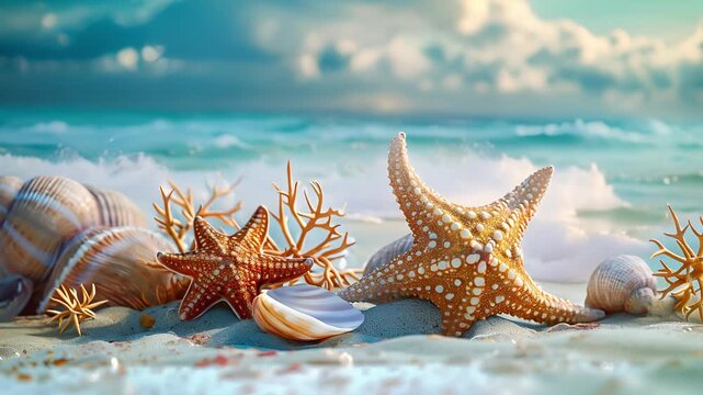 Starfishes with sea shell and coral, Summer sea background	