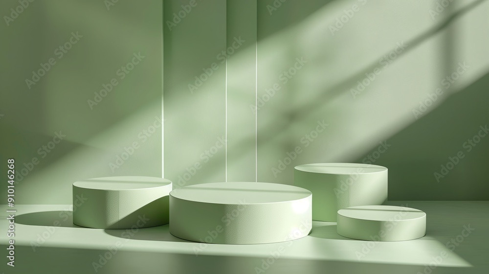 Poster a minimal green background for product presentation with round podiums.