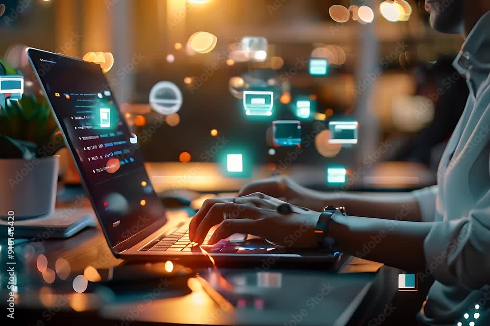 Aufkleber a person engages in coding on a laptop while illuminated by ambient lighting in a cozy home environm