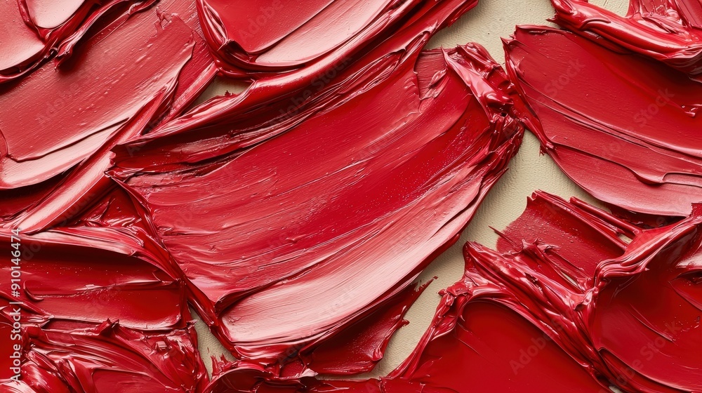 Poster Thick strokes of rich red paint are layered on a textured surface, showcasing artistic expression and the creative process