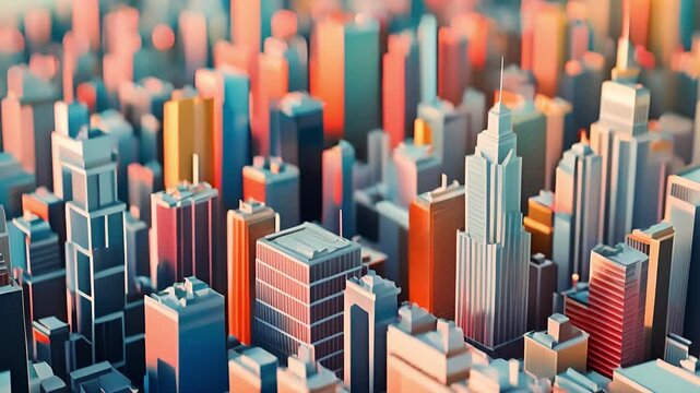 Modeled as a 3D cityscape where each building represents a different store, Futuristic skyline, Colorful cityscape, Mini building model	