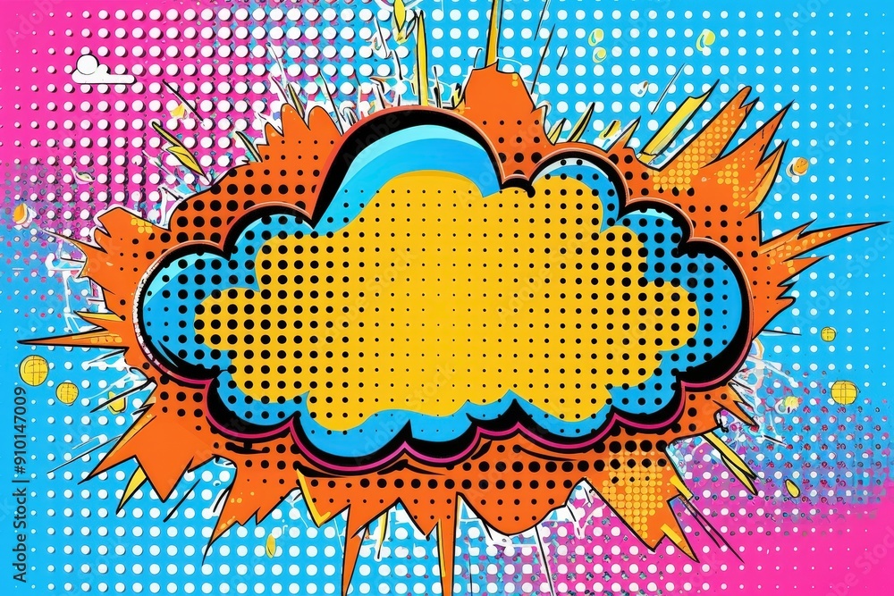 Aufkleber A vibrant speech bubble design in blue and orange with contrasting dots and rays, creating a dynamic and playful visual effect on a bright background