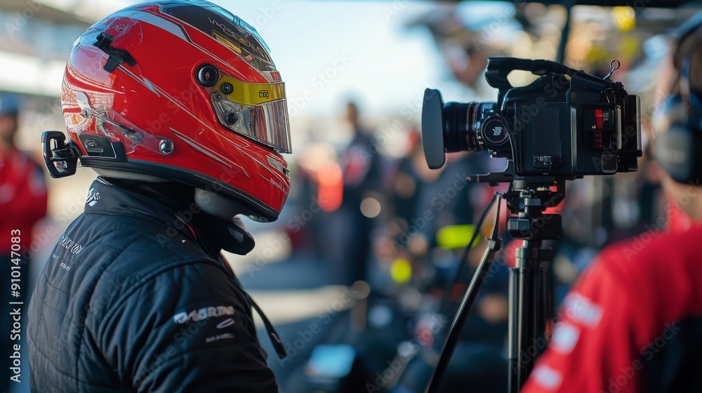 Poster a race car driver in a helmet stands near a camera, ready to engage with media representatives at a 