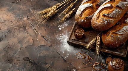 Three loaves of freshly baked bread sit on a wooden cutting board surrounded by wheat stalks and scattered grains. The rustic background adds to the warmth and wholesomeness of the image.