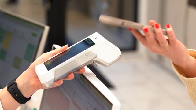 Pay by phone on electronic payment machine or card reader. E-money at cashless wallet. Female hand with pos-terminal and cellphone closeup. Client pays for the procedure in modern beauty clinic.