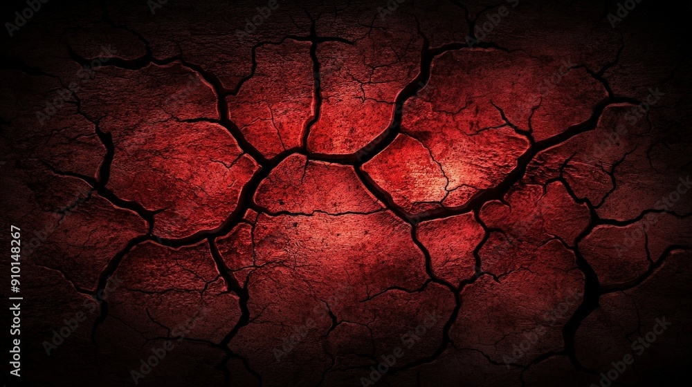 Poster A striking red surface with deep cracks creating intricate patterns illuminated by dim light