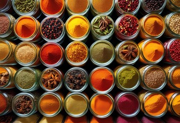 vibrant display colorful spices glass jars showcasing rich array textures hues perfect culinary inspiration, ingredient, seasoning, aroma, herb, food, mixture