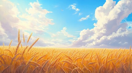 Vibrant anime wheat field, with golden stalks and a serene sky, capturing the beauty of rural...