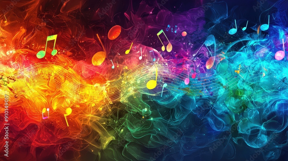 Aufkleber a dynamic display of music notes swirling in a rainbow of colors, creating an energetic and engaging