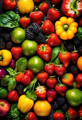 vibrant close colorful fresh fruits vegetables showcasing variety textures natural brightness, apple, banana, carrot, tomato, pepper, cucumber, berry, kiwi