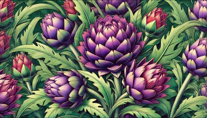 Fototapeta premium Colorful artichoke flowers in shades of purple and green create a lively garden display, showcasing their intricate forms amidst rich green foliage