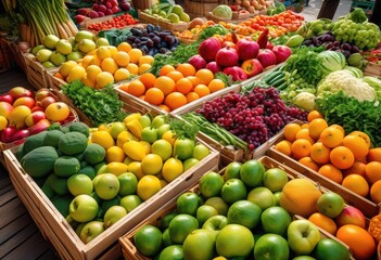 vibrant display colorful fresh fruits vegetables arranged beautiful market setting bright colors natural textures, organic, healthy, produce, arrangement