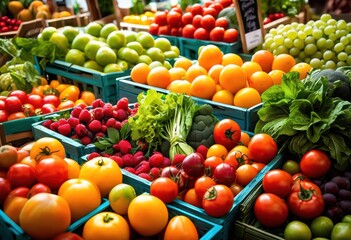 vibrant colorful fresh produce showcase featuring abundance fruits vegetables bountiful display, market, organic, seasonal, variety, nutrition, healthy