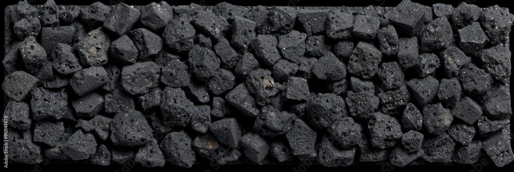 Poster various sizes of black volcanic rocks are arranged closely together on a dark surface, showcasing th