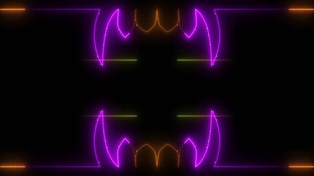 neon glowing halloween teeth with orange and purple laser beams. Title background or text headline backdrop for holiday