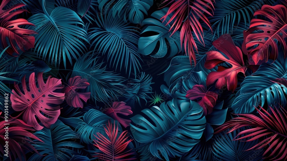 Canvas Prints A dense arrangement of tropical leaves showcases vivid hues of green, blue, and red against a dark backdrop, creating a striking natural tapestry