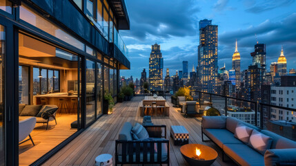 An elegant penthouse terrace with minimalist furniture and stunning views of the cityscape. Cityscape with tall skyscrapers and bright lights against the twilight sky.