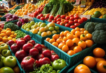 colorful arrangement fresh seasonal fruits vegetables showcasing vibrant display bounty market setting, nature, produce, harvest, organic, variety, healthy