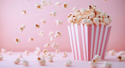 Photo of a pink and white striped popcorn box on the right side against a solid light pastel background.