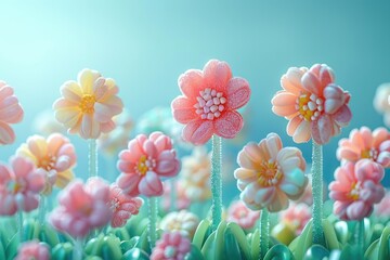 Fields of flowers made from candies and sweets, set against a minimal and serene background