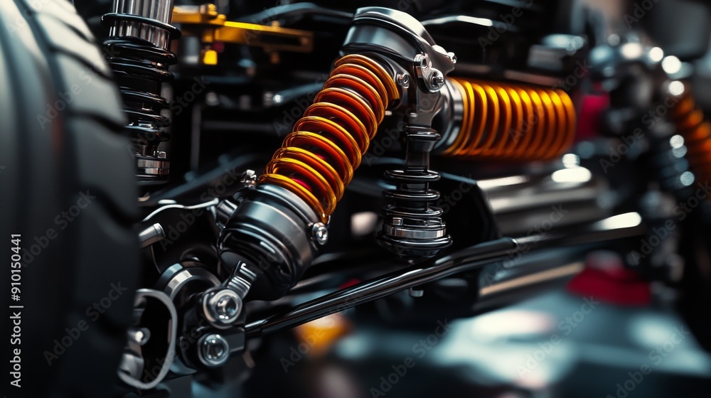 Poster detailing the intricate suspension components featuring vibrant orange coil springs, showcasing prec