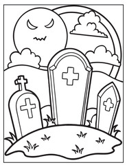 Halloween Graveyard coloring page design, Halloween Vector design, Halloween Black and white design.