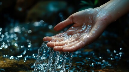 Fototapeta premium Closeup water flow on hand of women for nature concept on the green background.