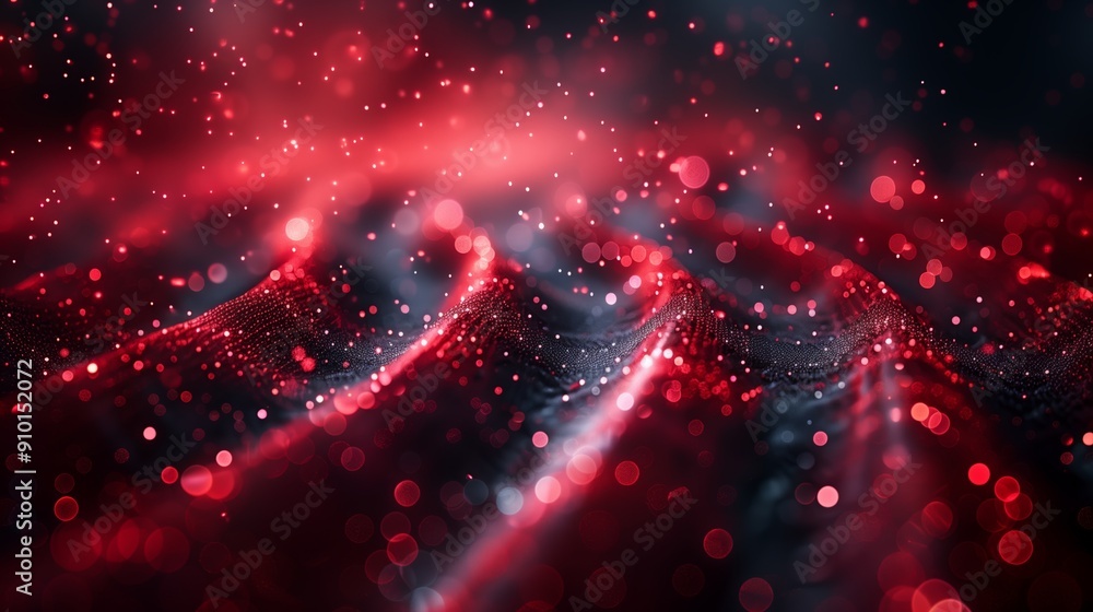Poster abstract close-up of textured red fabric with sparkling particles in dim light
