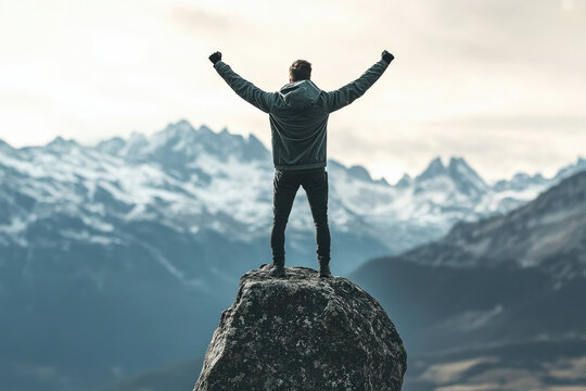Man top of the world, climbing high mountains, celebration, being successful, achieving a goal concept