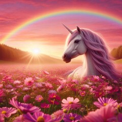 Obraz na płótnie Canvas A beautiful Unicorn in a Flowery Field at Dawn with meadow tall grass and rainbow at back, morning light, pink fog, majestic appearance. Fantasy scene