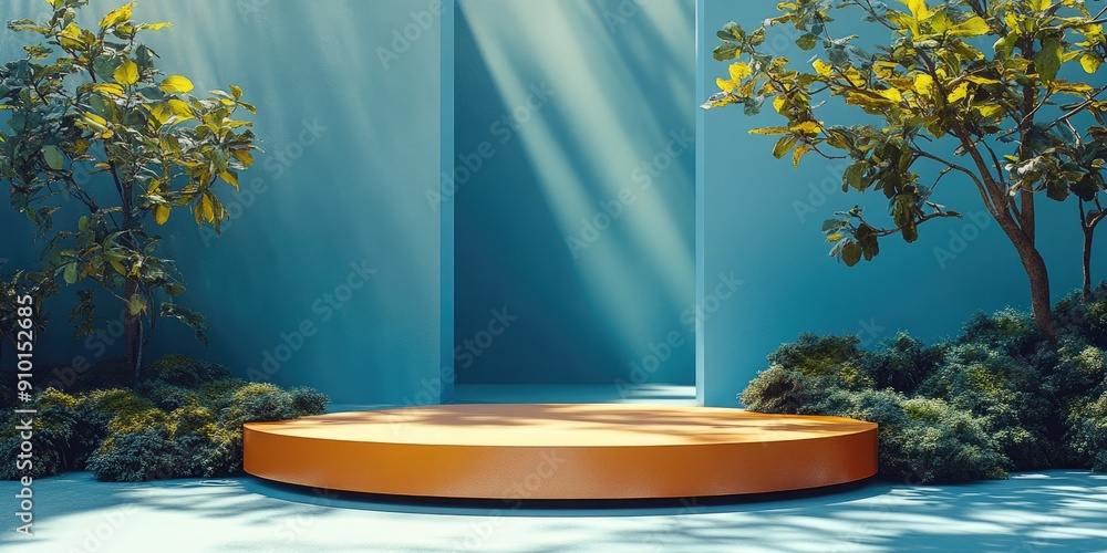 Poster Orange Circular Platform in a Minimalist Blue and Green Setting