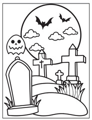 Halloween Graveyard coloring page design, Halloween Vector design, Halloween Black and white design.