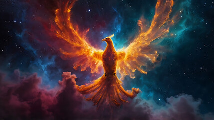 Vibrant cosmic nebula resembling a phoenix rising, fiery and majestic, with copy space