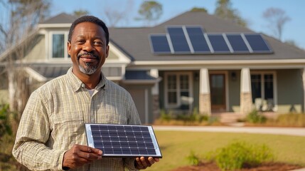 A man proudly showcases a solar panel while standing in front of his house featuring solar roof installations under sunny skies