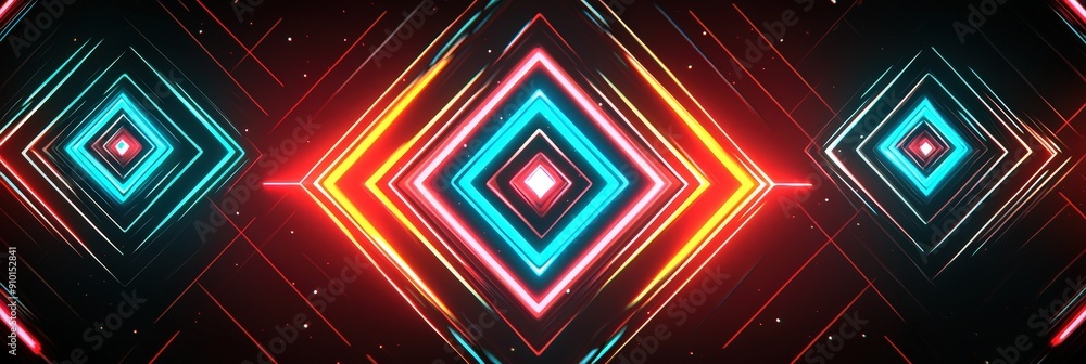 Poster Bright neon diamonds create captivating patterns in a dark environment, showcasing vibrant colors and dynamic lines that evoke a futuristic atmosphere